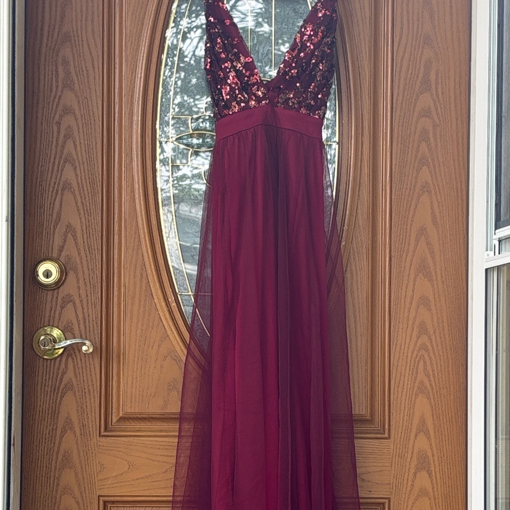 Fashion Nova Burgundy Sequin Prom Dress